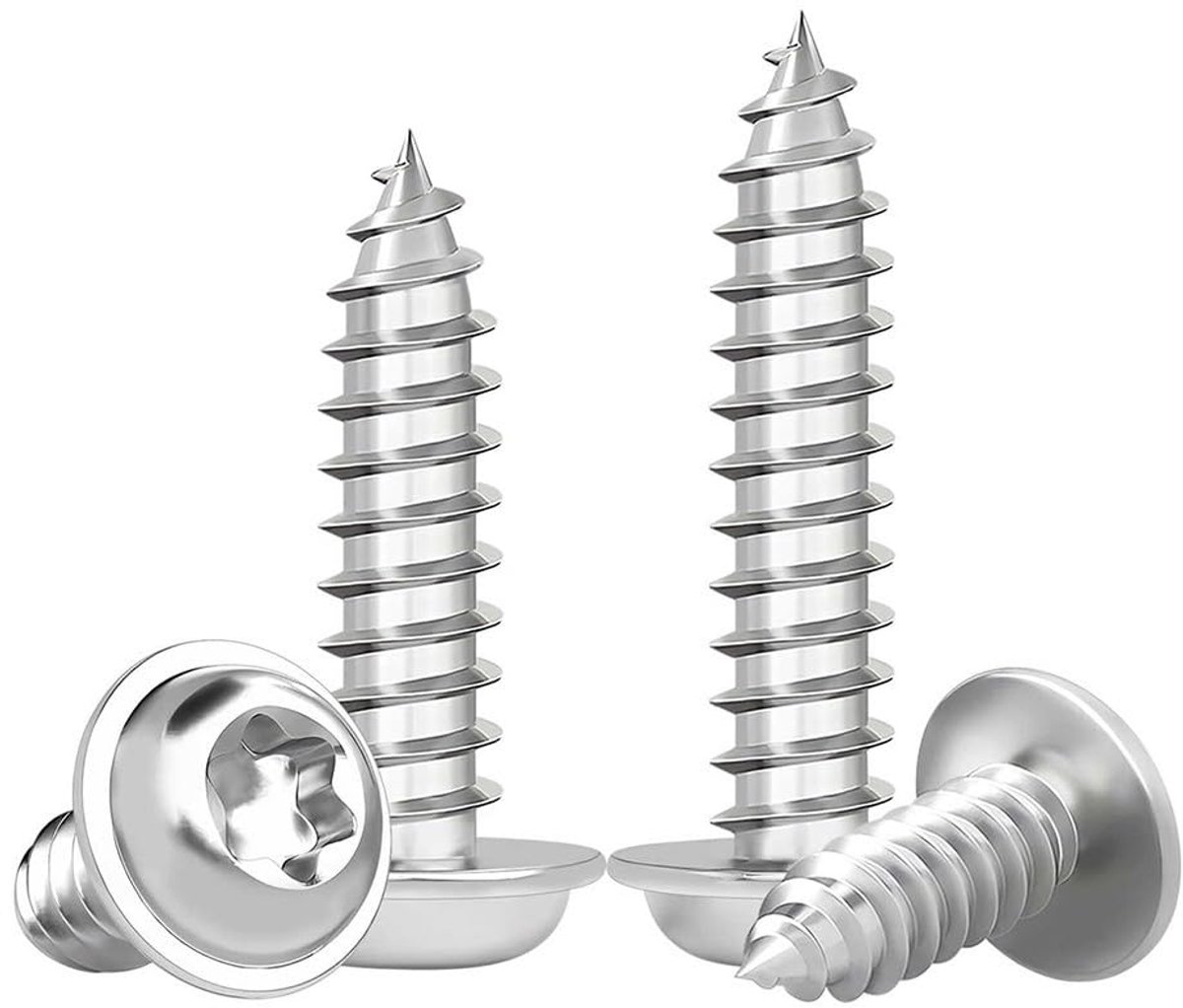 Torx - zilver roestvrij staal A2 V2A zelftappende schroeven volledige schroefdraad met schijf, M5 x 25 mm (50 stuks)