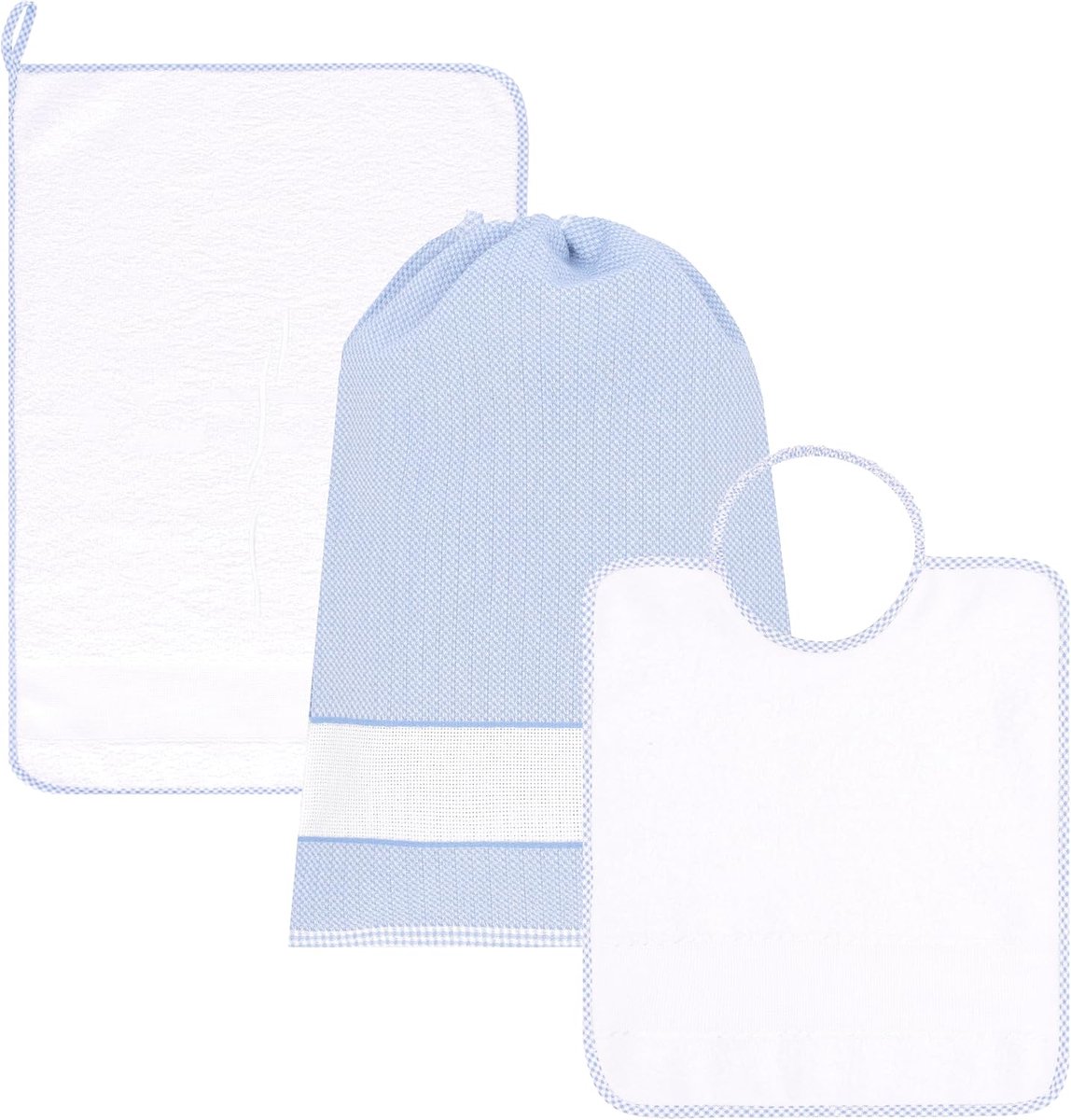 Kleuterschool set met Aida-stof om te borduren slabbetje + handdoek + zak, gemaakt in Italië