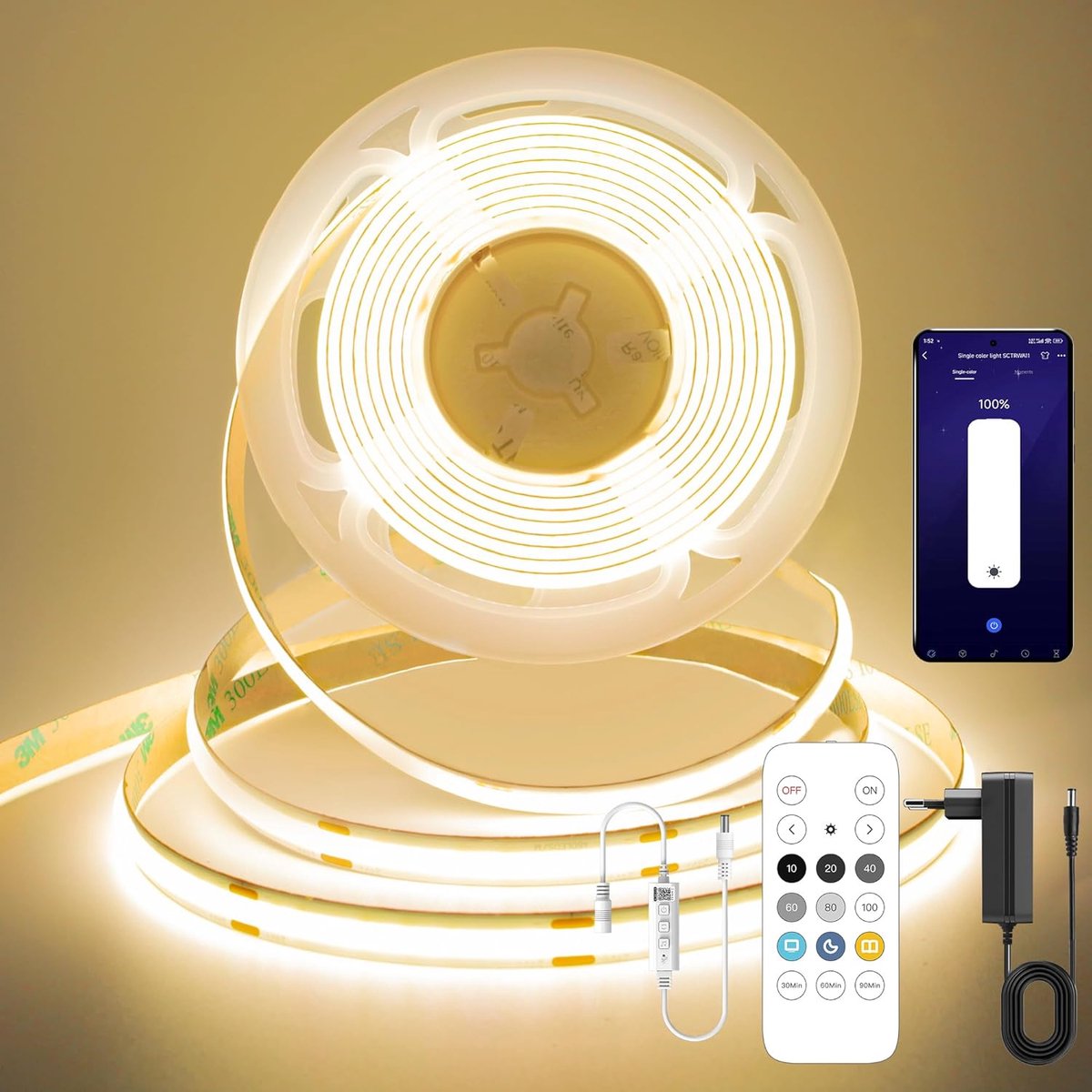 LED Strip 5M, 24V Flexibele COB LED Lichtstrip Kit met Voeding & regelaars, warmwit 3000K, CRI>90, 8mm Snijdbaar Zelfklevend COB LED Tape voor Keuken, Slaapkamer, Decoratie