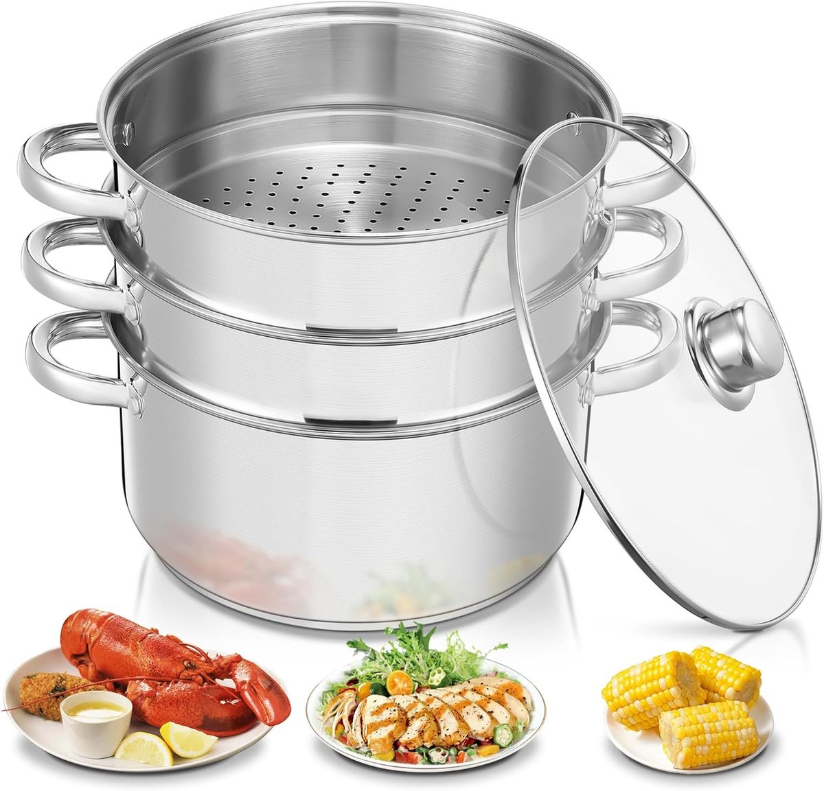 Stoomkoker van roestvrij staal, 26 cm, pan (3-in-1), met glazen deksel, stoompan voor alle warmtebronnen, inclusief inductie, zilver