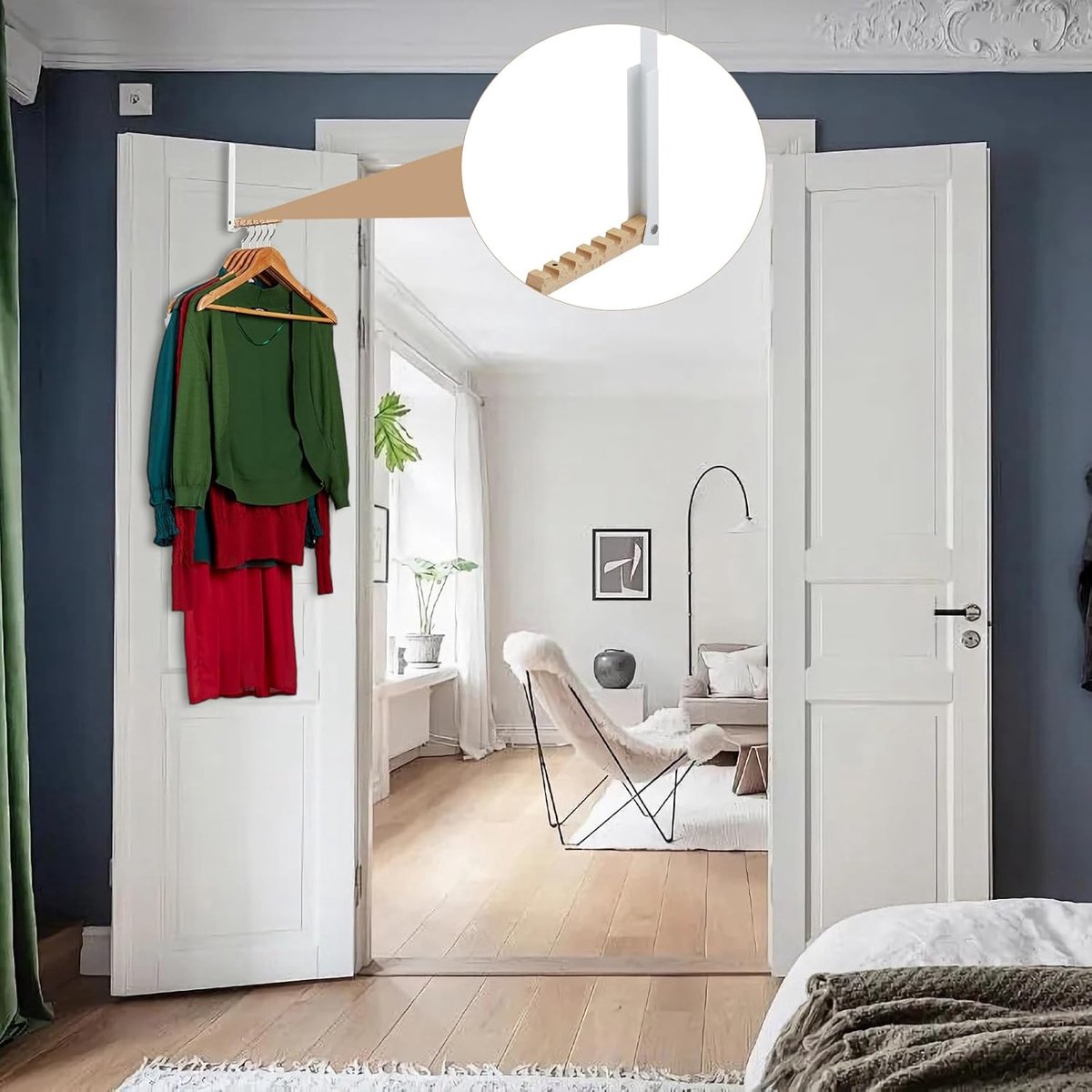 Deurhaken, uittrekbare deurkapstok, inklapbaar, voor 6 kleerhangers, voor 2 cm deurvouw (wit)