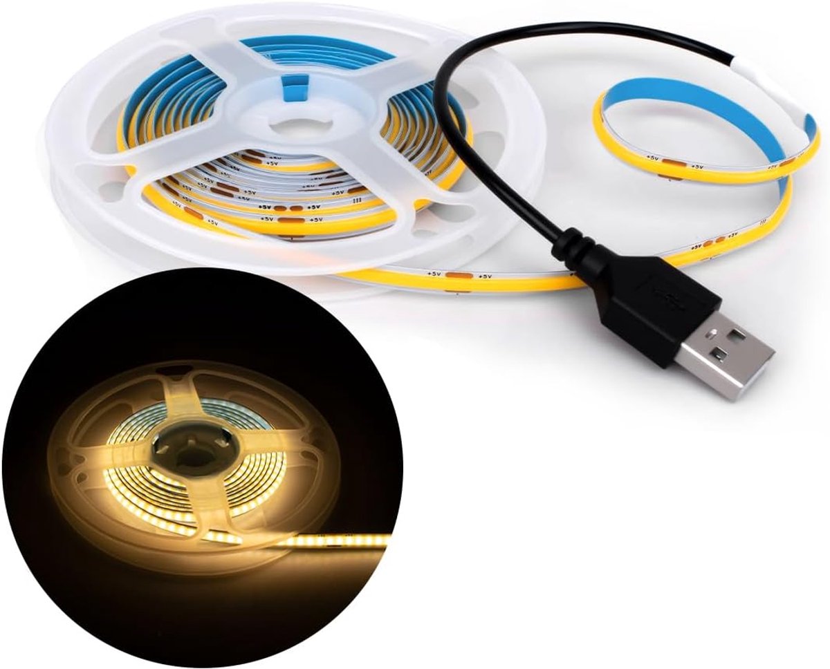 1M COB LED Lichtstrook, 5mm Breedte 5V 3000K 320LEDs/m Lichtstrook met USB-aansluiting