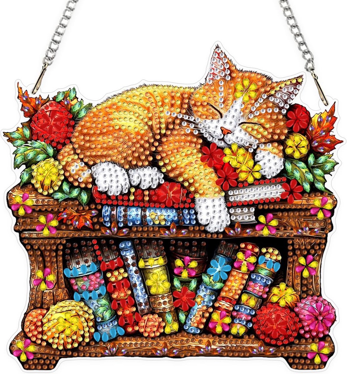 5D Diamond Painting set voor volwassenen, kat in boekenkast, diamond painting, dubbelzijdige hanger, doe-het-zelf kristallen hanger, bladwijzer, knutselset, hangende diamantschilderset voor