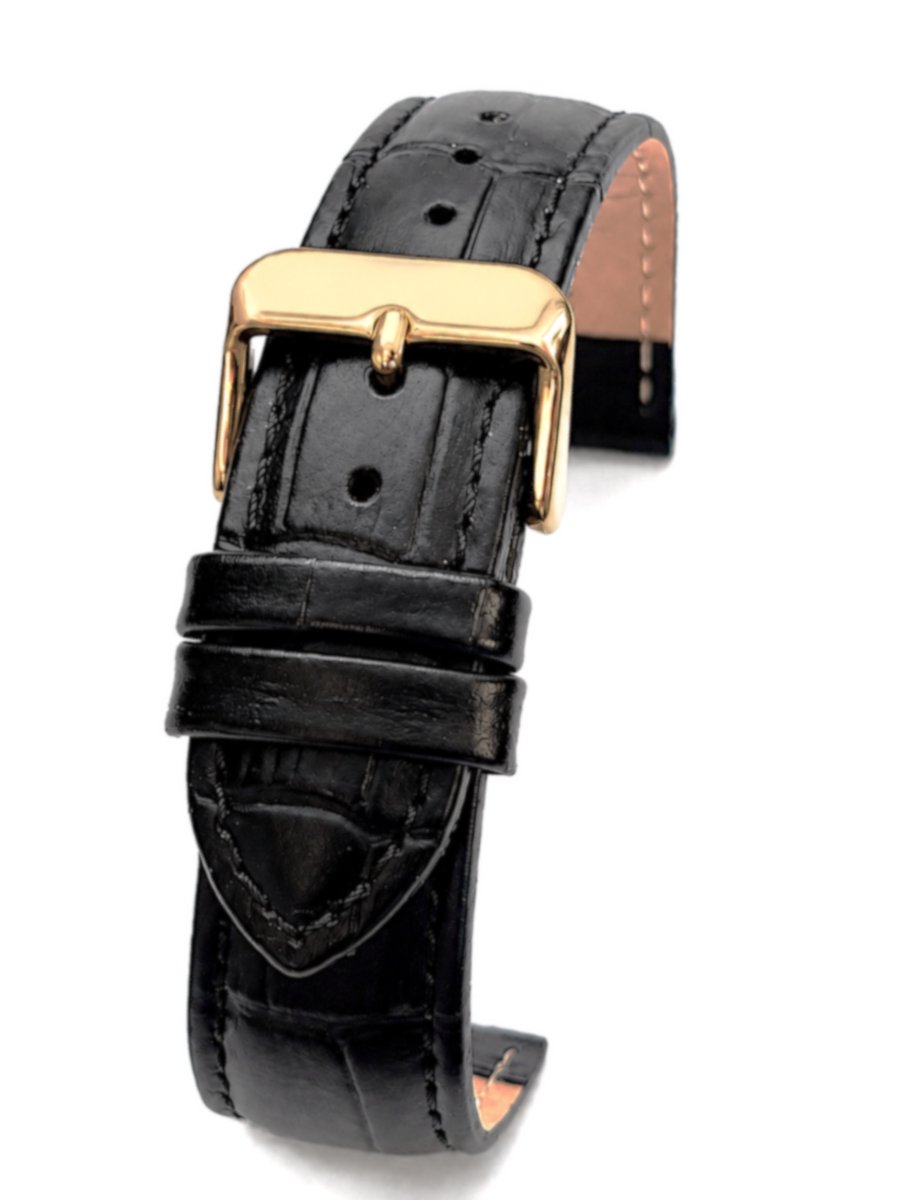 Horlogeband-Horlogebandje-18mm-Zwart-Echt leder-Gevuld-leer-Plat-Zacht-Soepel-Croco Print-Gestikt-Goudkleurige Gesp-18 mm