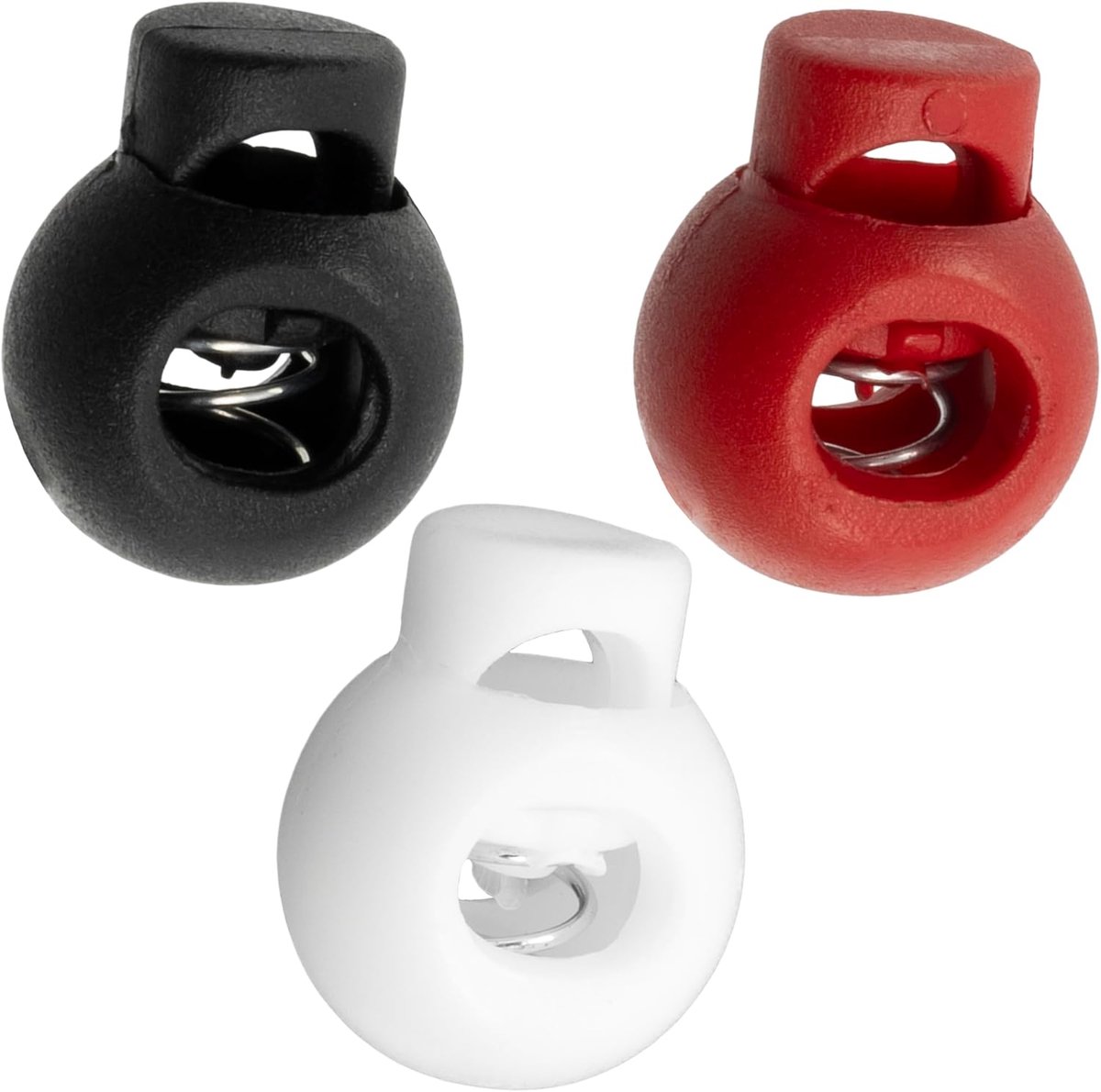 - Set van 12 ronde koordstoppers 15 mm met 1 gat en veer - kleur wit zwart rood - van kunststof - hobby's anorak kleding