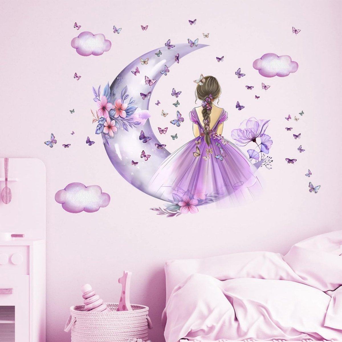 Meisje Muursticker, Maan Wolken Bloem Fee Muursticker Bloemen Vlinder Muurkunst Voor Meisjes Kind Kleuterschool Slaapkamer Paar