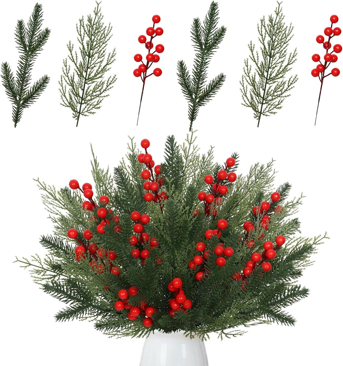40 STKS Kerst Kunstmatige Hulst Bessen Rode Bessen Stengels, Faux Dennentakken Norfolk Dennennaalden Groene Cipres Gebladerte voor DIY Craft Garland Maken Home Decor, Vakantie Bruiloft Party