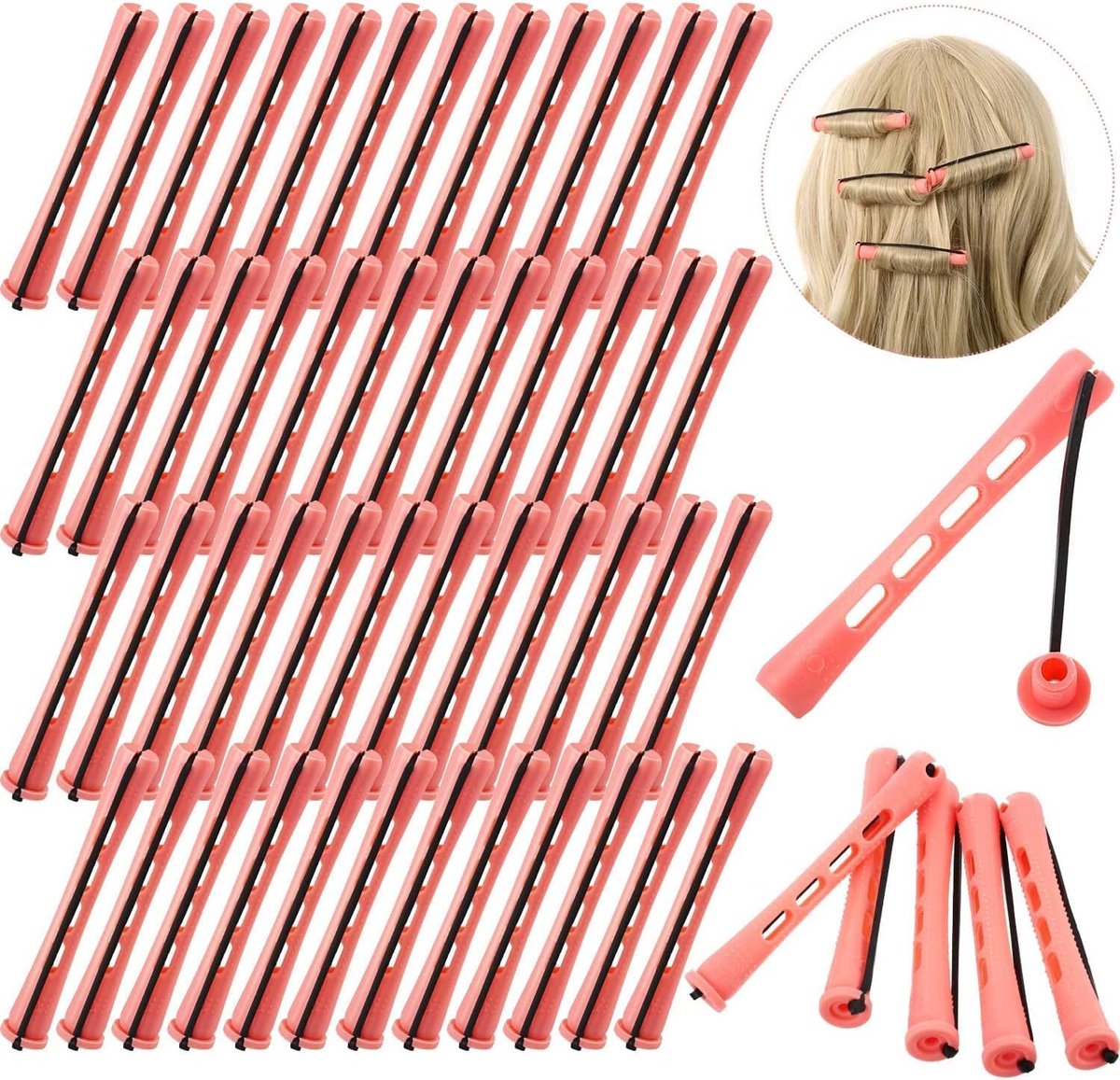 Cold Wave Set – 48 stuks – Lange plastic krulspelden – Voor vrouwen & meisjes – Roze – 8 cm – 1,3 cm diameter