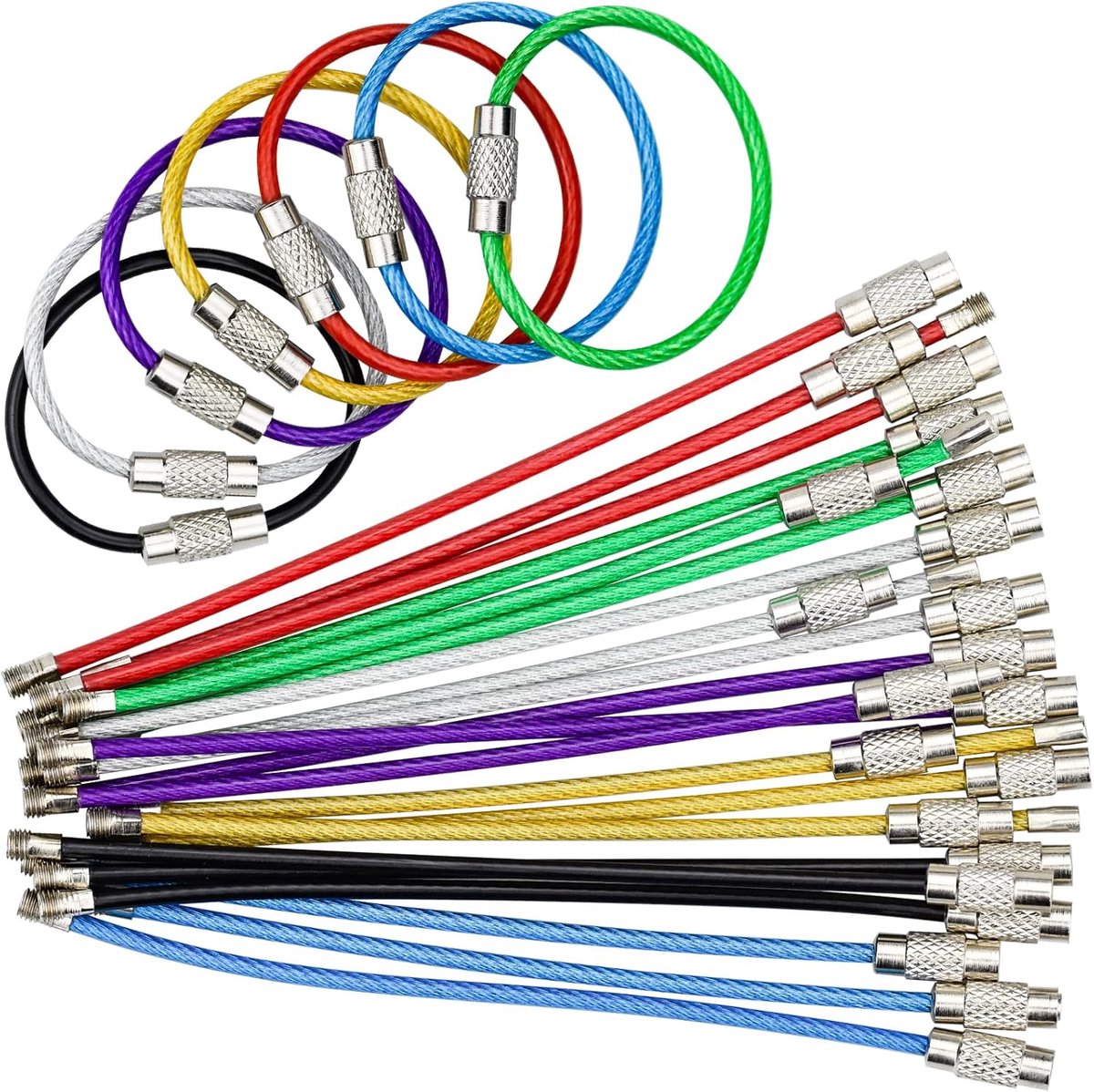 21 stuks sleutelhangerkabels, 100 x 2 mm, sleutelhangers van roestvrij staal, kabelringen, voor het ophangen van bagagelabel, kaart, sleutelhanger, etiket ID (7 kleuren),