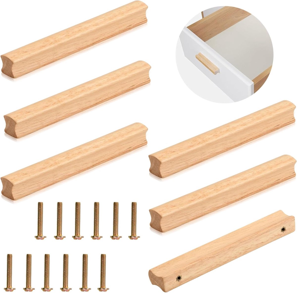 6 Stuks Houten Meubelgrepen, Houten Kastgrepen met Schroeven, Gatafstand 96 mm, Massief Houten Meubelgrepen, Universele Houten Handgreep, Keukengrepen, Deurgreep, Ladegreep voor Kasten, Kantoren
