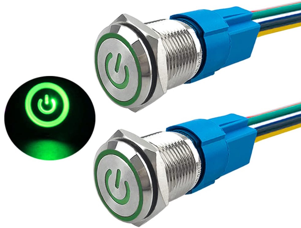 2 stuks, 16 mm, zelfblokkerende drukknopschakelaar, 12 V/24 V, 5 A, drukknopschakelaar van roestvrij staal, waterdicht IP67, met voorbedrade stekker (groene led)