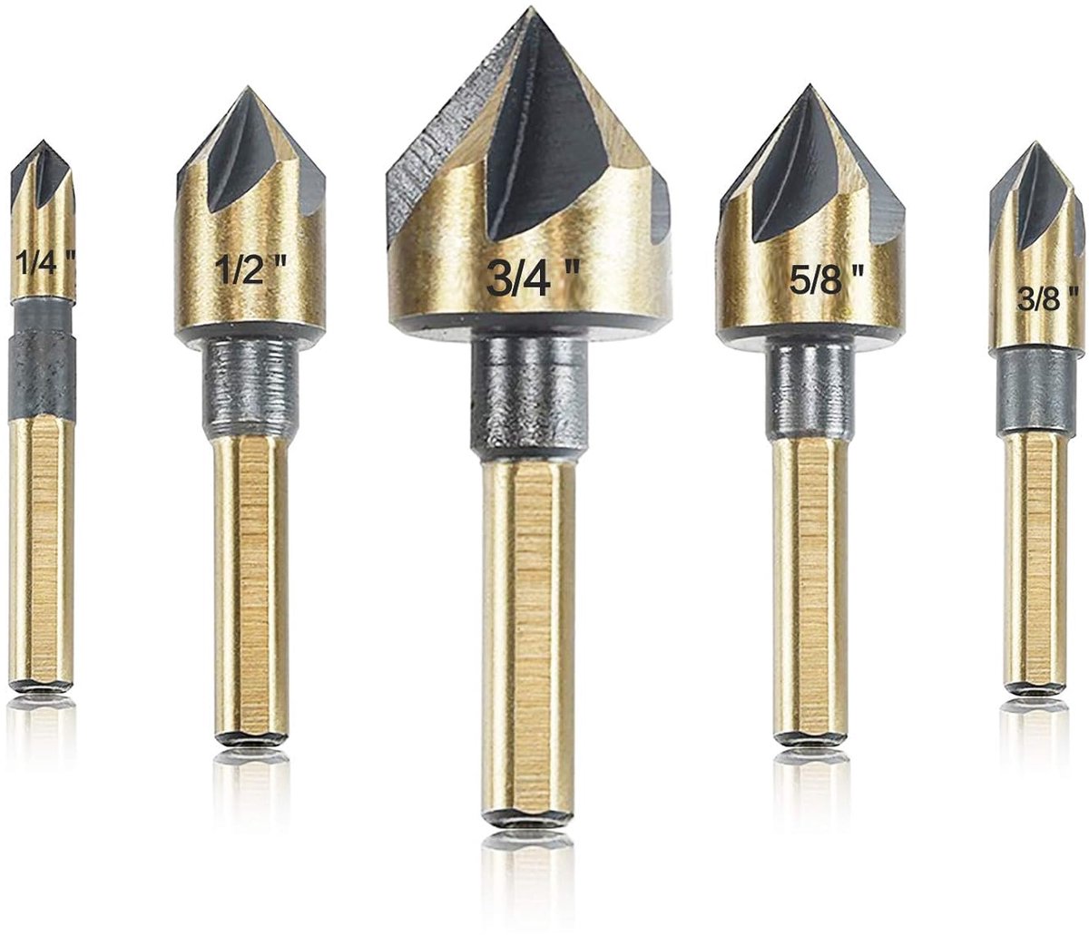 Verzinkboor set, 5 stuks high-speed staal 82 graden 5 fluit 6 mm ronde schacht molen cutter bit verzinkboor in maten 1/4" 3/8" 1/2" 5/8" 3/4" set met draagtas.