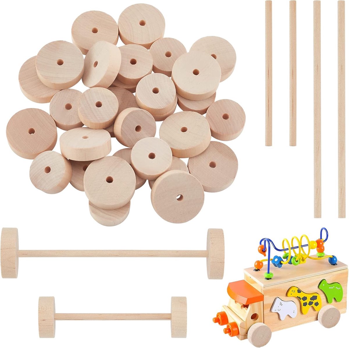 Houten Wielen - Ongefinshed Houten Wiel Met Houten Stokken - Ambachtelijke Wielbanden Met 0,2 Cm Gaten Voor Doe-het-zelf Auto's - 1,1 Inch & 1,4 Inch