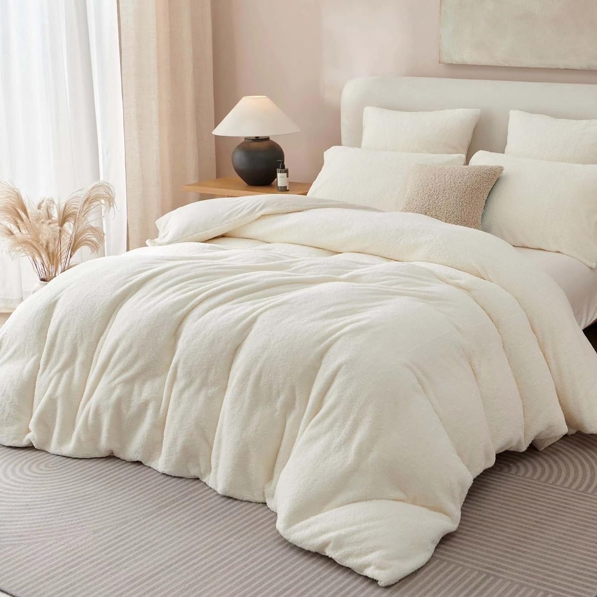 Pluche beddengoed, 135 x 200 cm, teddyfleece, wit, wollig beddengoed, voelt aan als kasjmier, Oeko-Tex, warm winterbeddengoed, omkeerbaar dekbedovertrek en 1 kussensloop van 80 x 80 cm, met