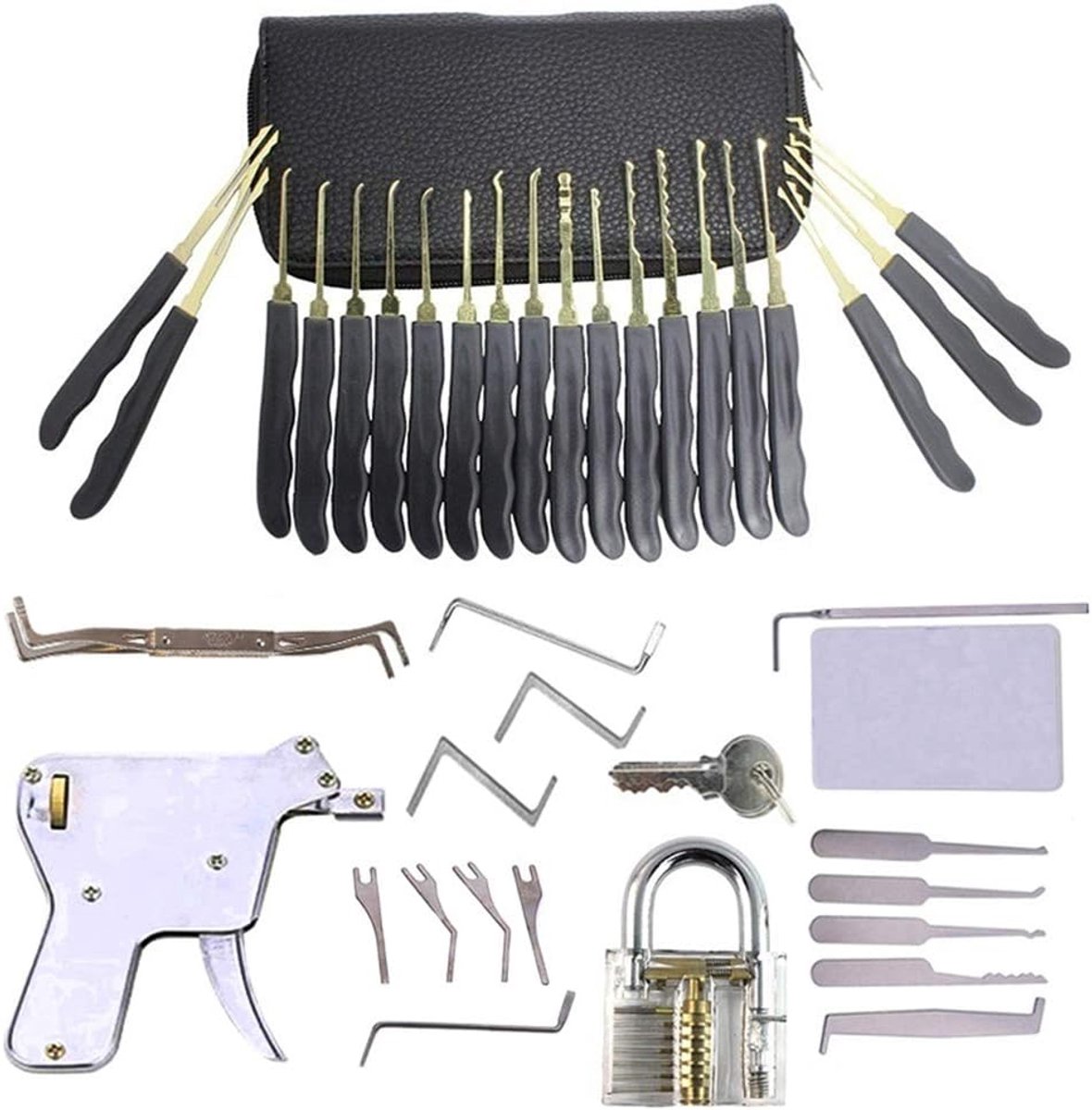 33-Delige Lock Pick Set Met Boutique PU Tas, Transparant Training Slot, Credit Card Tool Kit, Lock Pick Gun en Gidsen Voor Beginners en Professionele Slotenmakers