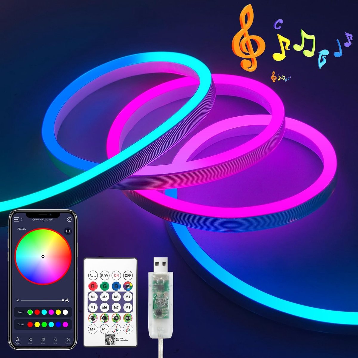 iNextStation RGB+IC LED-stripverlichting 5 m, USB kleurveranderende LED-lichtstrips bediening met afstandsbediening app, muzieksynchronisatie, waterdicht flexibel neontouw licht voor slaapkamer binnen