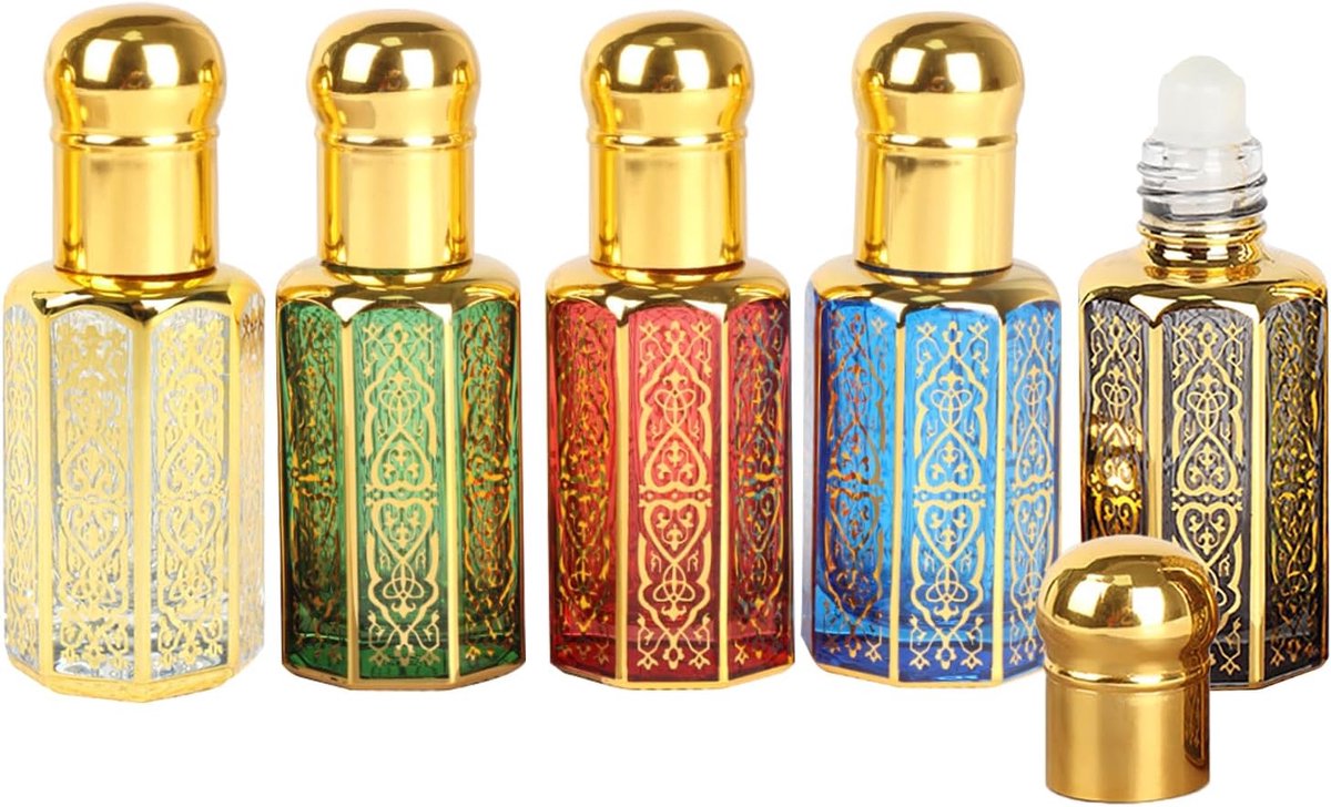5 Stuks Etherische Olie Rollerflesjes, 12ml/0.4oz Navulbare Lege Vintage Rollerballflesjes voor Etherische Oliën, 5 Kleuren Rollerballflesjes Egyptische Arabische Stijl
