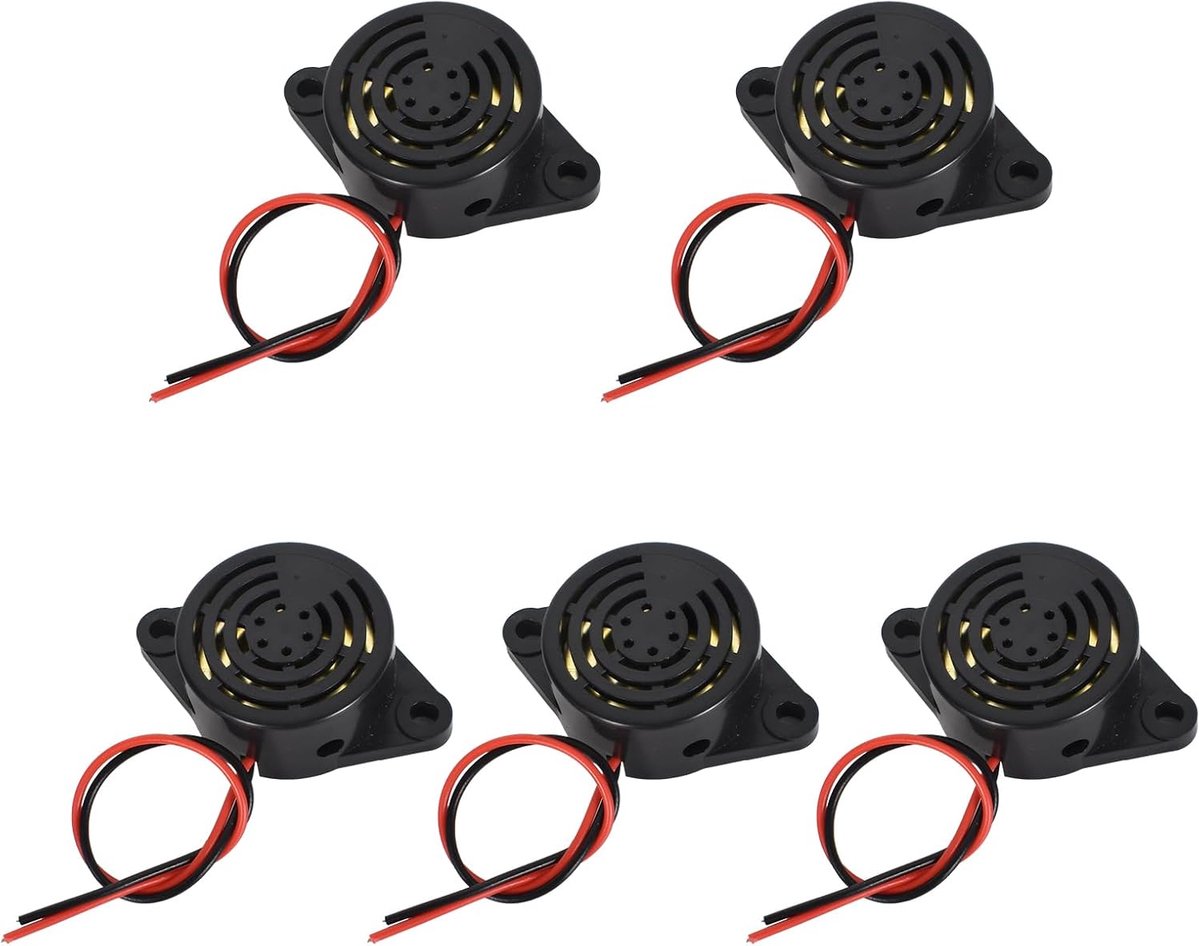 5 x elektronisch alarm, 12 V, 95 dB, 3-24 V, piëzo-geluid, elektronisch alarm, continue zoemer, kabellengte 100 mm, geluidszoemer, elektronische sirene