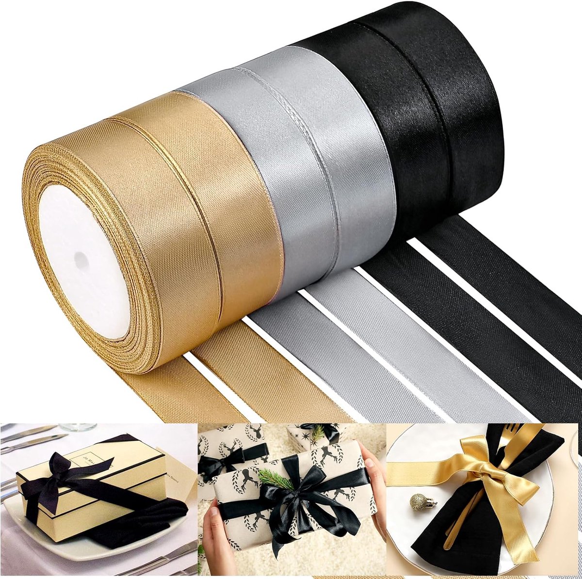 150 Yards Goud, Zilver Satijn Lint 1 "Breed Polyester Stof Lint Gebruik Voor Gift Wrap Bruiloft Bruids Baby Douche Bogen Graduatie Decor