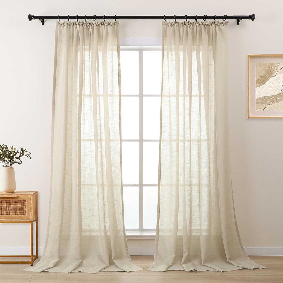 Gordijnen, beige, gordijnen voor woonkamer, slaapkamer, beige, linnenlook, plooiband, gordijnen en gordijnen, 225 cm lang, 2 stuks, transparant en licht