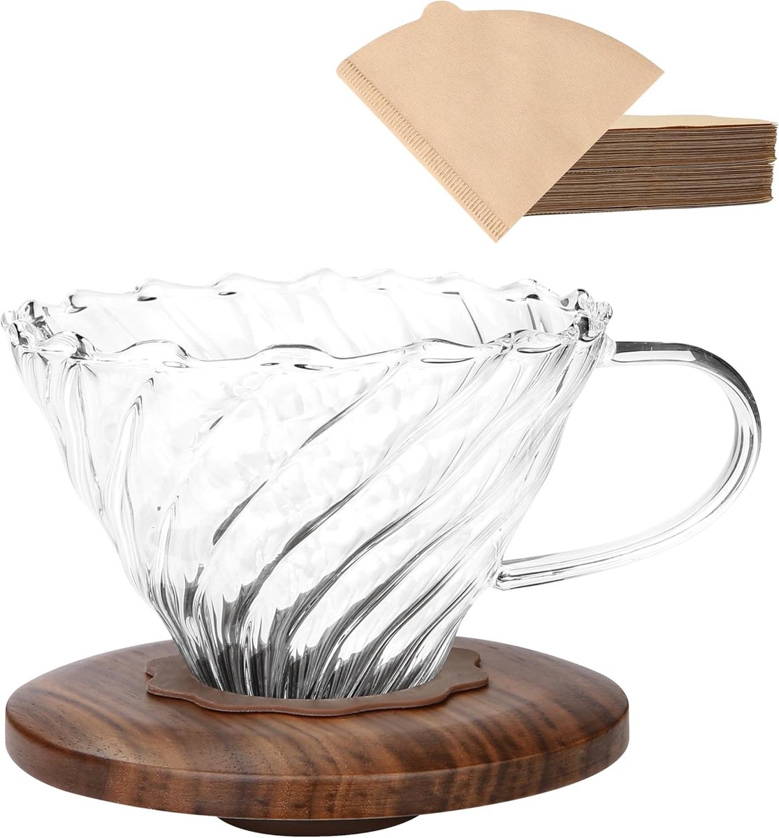 Giet over koffiedruppelaar met 100 stuks papieren filters van formaat 02, borosilicaatglas en walnootkraag, druppelkoffiezetapparaat, 1-3 kopjes, helder (koffiedripper)