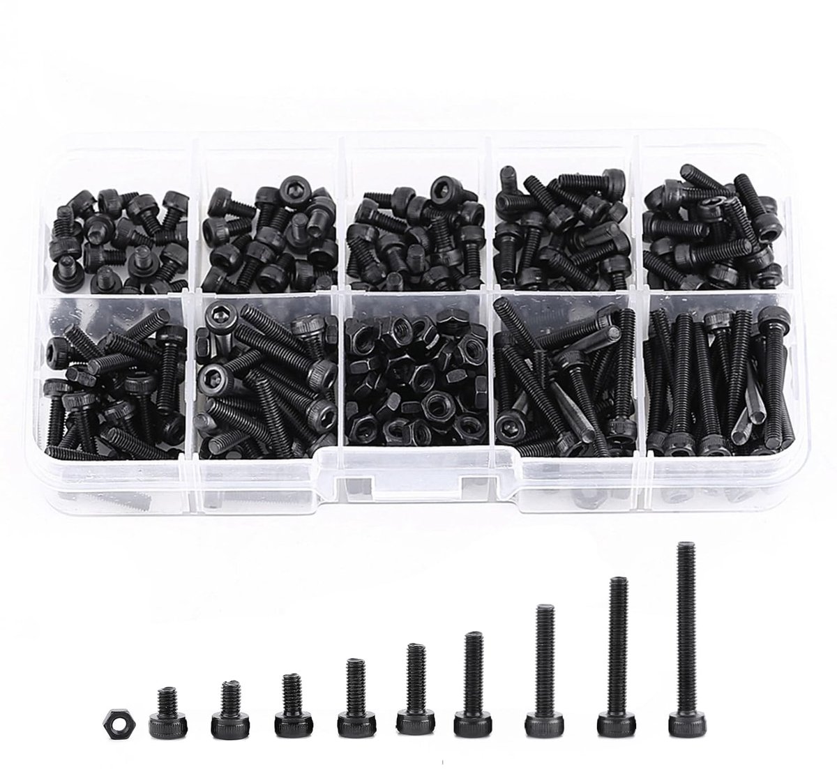 280 Stks/Doos M3 Socket Bout Schroef Moer Kit, 9 Maten zwart Legering Staal Schroef Moer Kit, Hex Socket Cap Schroef, M3 Hex Socket Head Cap Flat met Opbergdoos