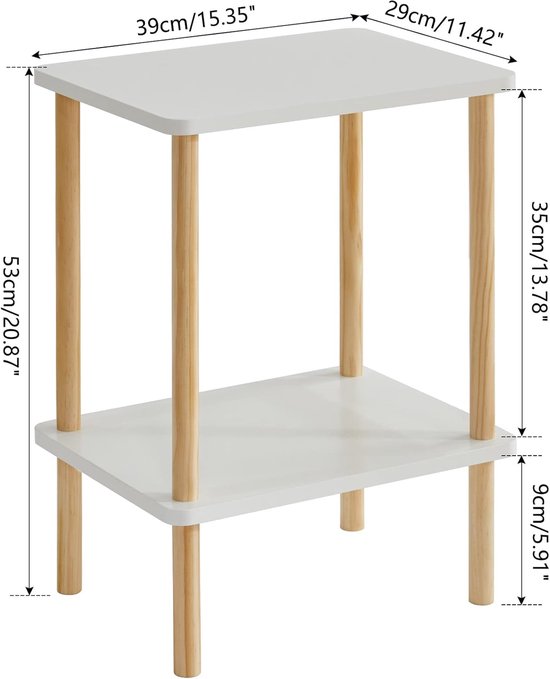 2-Tier zijtafel, smalle eindtafel met opbergplank, nachtkastje voor kleine ruimtes, slaapkamer, woonkamer, entree, boerderijstijl, geen gereedschap nodig voor montage, wit WST002W — afbeelding 2