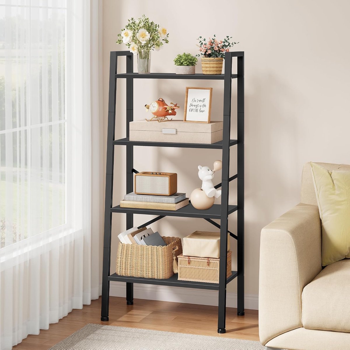 4-laags industriële ladder boekenplank, smalle ladderplank, hoge staande boekenplank, skinny open ladderplank, voor woonkamer, thuiskantoor, keuken, slaapkamer, metalen frame, zwart