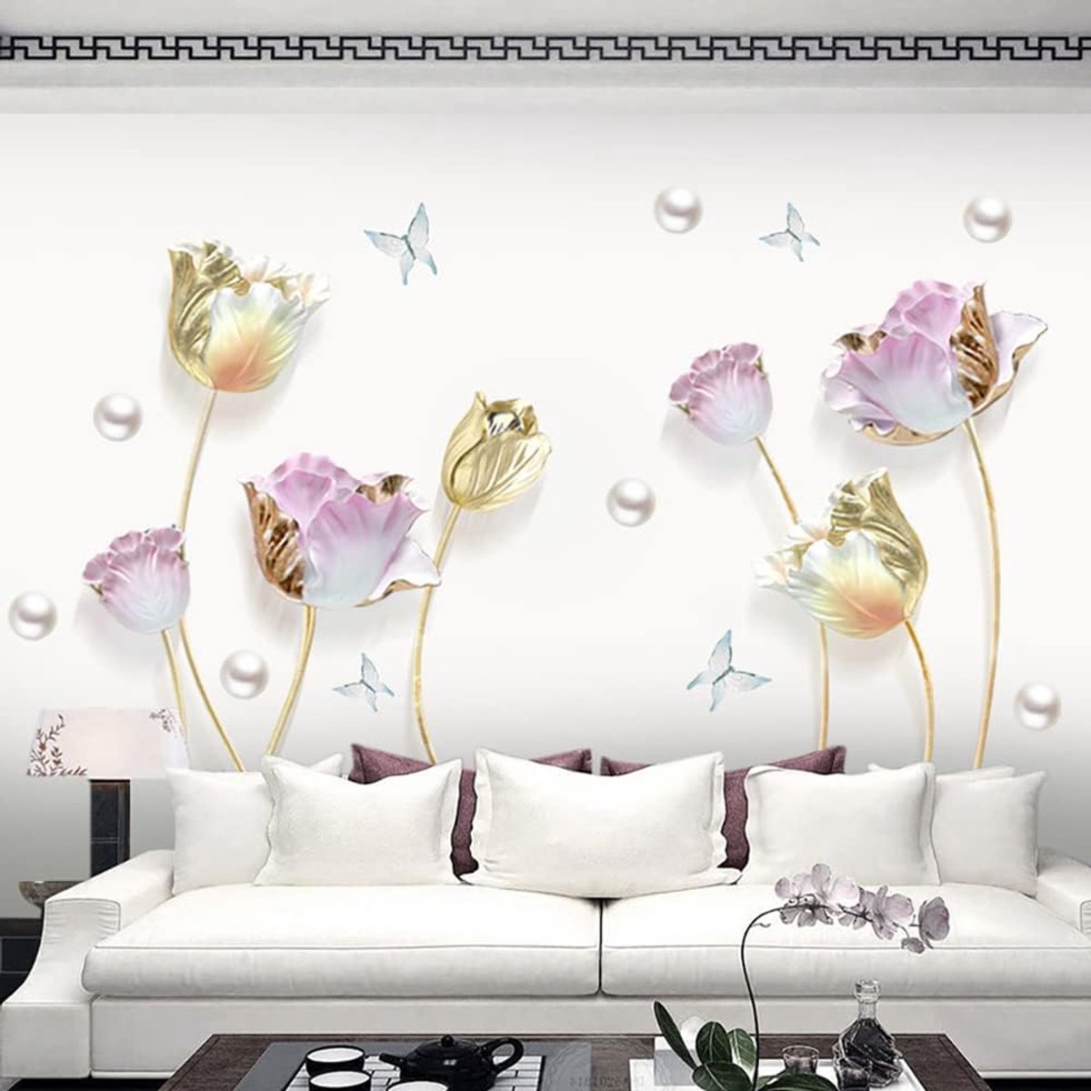 Muurstickers Gouden Tulp Bloemen Wall Art Decals voor Woonkamer Slaapkamer TV Achtergrond Muur Decor