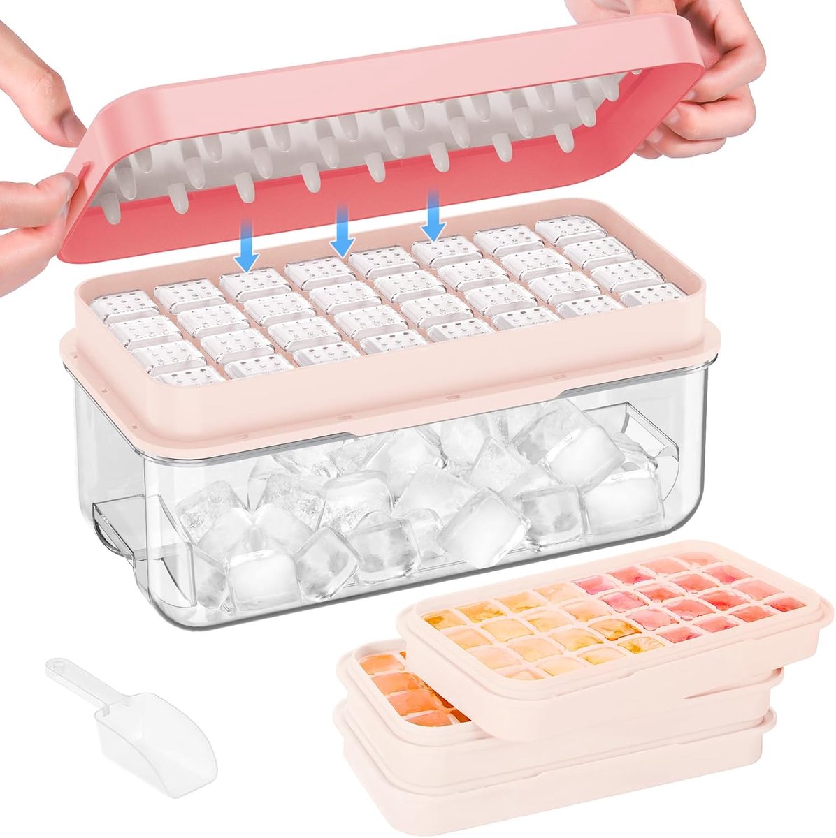 ijsblokjesvorm met deksel en bak, set van 3 plastic ijsblokjesvormen, 84 ijsblokjesvormen voor de vriezer, koelende drankjes, whisky en cocktails, met ijscontainer en ijsschep, BPA-vrij