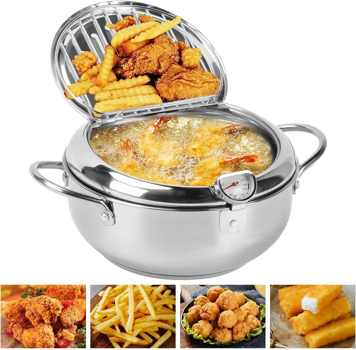 Tempura frituurpan van roestvrij staal koekenpan met deksel koekenpan met temperatuurregeling en oliedruppelrek Tempura friteuse voor koken in de keuken (zilver 20 cm)