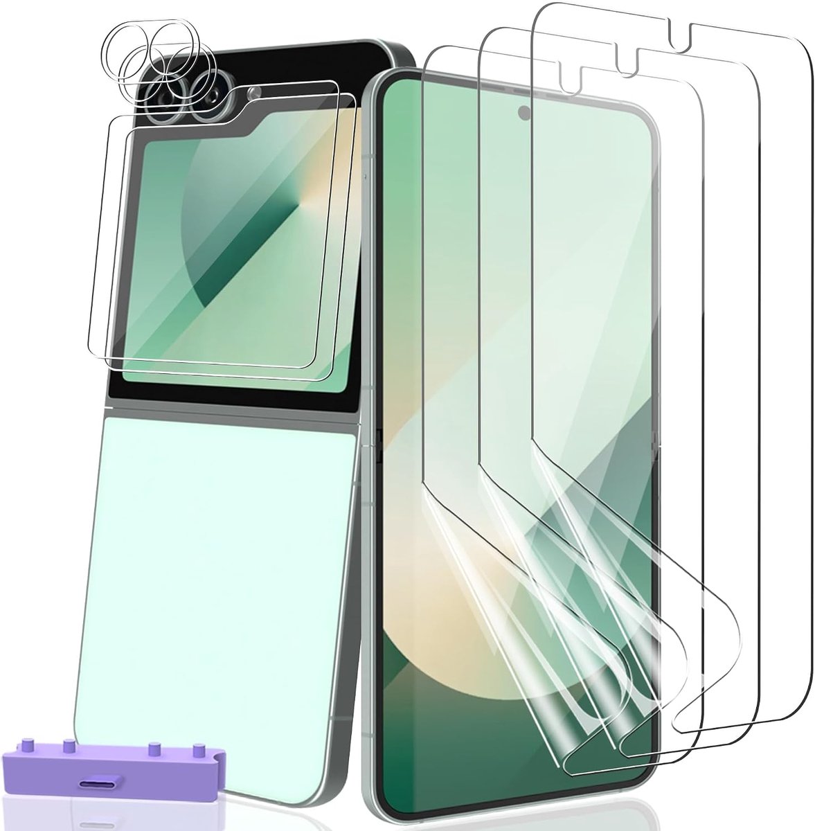 Beschermfolie voor Samsung Galaxy Z Flip 6, 3 + 2 + 2 stuks, voor pantserglas, zachte hydrogel aan de binnenkant, displaybeschermfolie met hardheid 9H + camerabeschermingsglas, krasbestendig