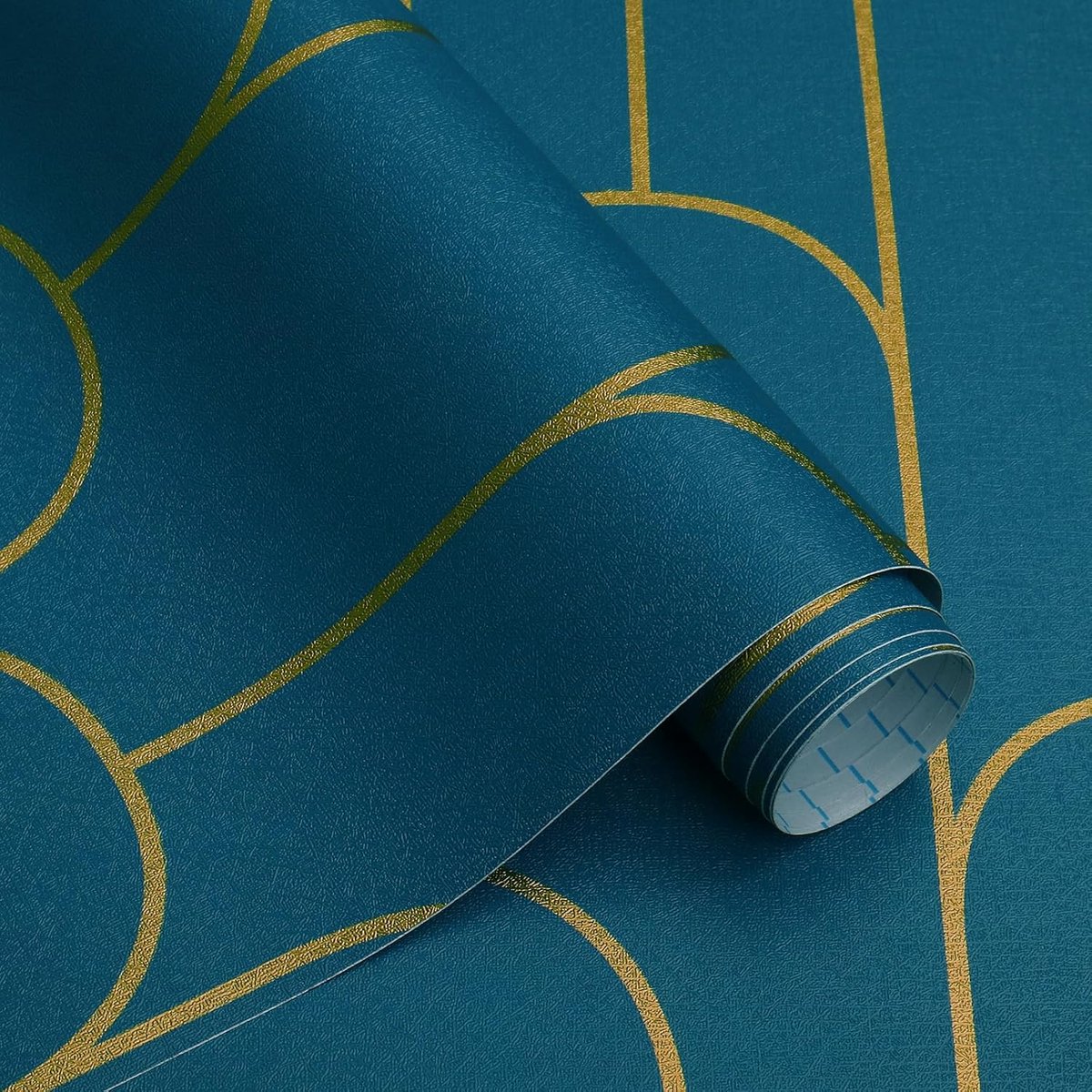 Behang, geometrisch behang, 44 x 300 cm, goud en turquoise, strepen, behang, meubelfolie, zelfklevend, waterdicht, plakfolie voor wandmeubels