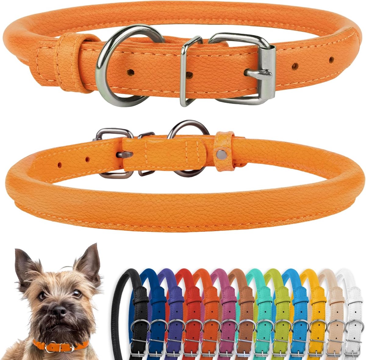 Rolled lederen hondenhalsband, zachte gewatteerde ronde puppyhalsband, handgemaakte lederen halsband voor honden en kleine grote katten, zwart roze rood paars blauw (geschikt voor 15 cm -