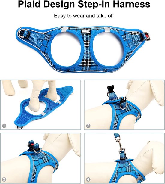 Kleine honden met riem, anti-trektuig Reflecterend ademend borsttuig, puppytuig voor kleine, middelgrote honden (S, Blauw geruit) — afbeelding 5