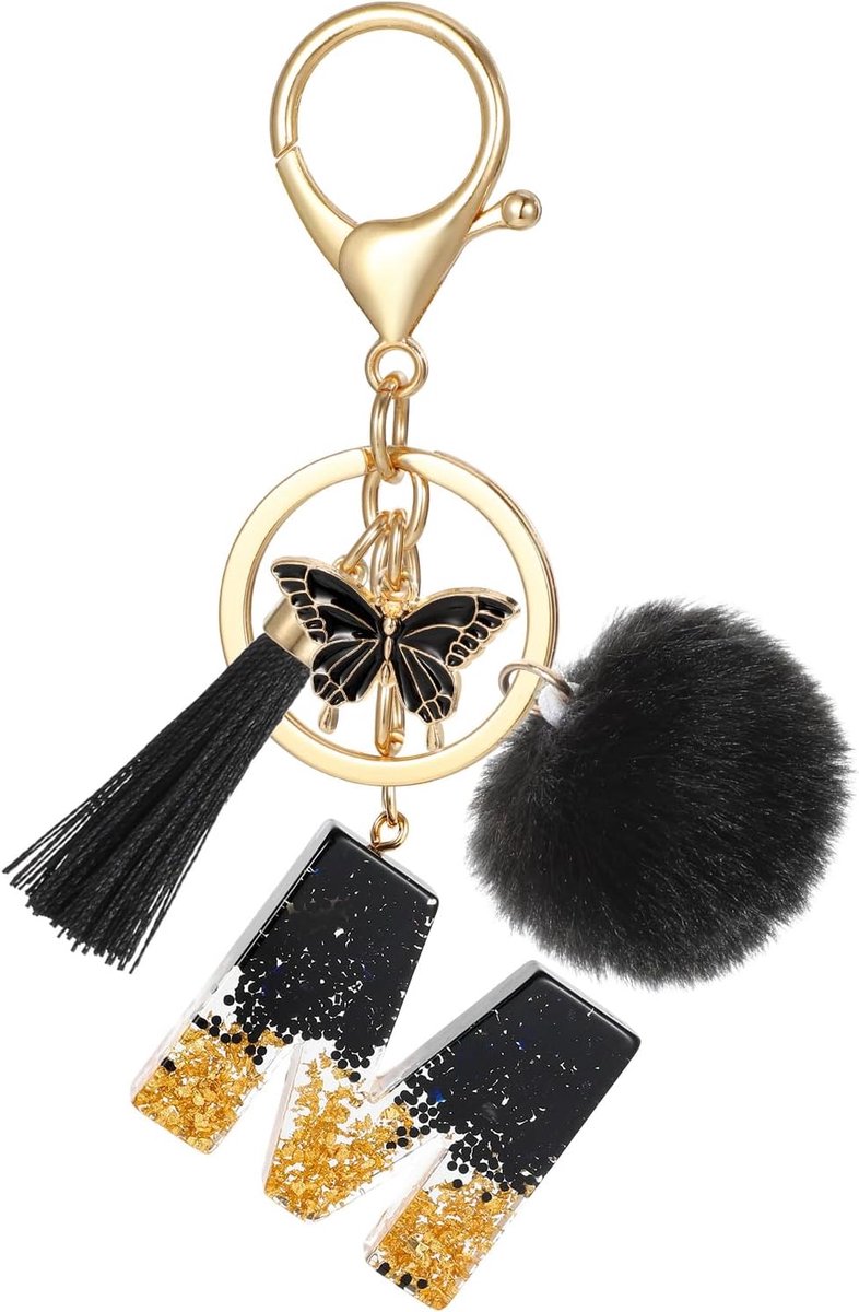 Alfabet sleutelhanger met beginletters, naam sleutelhanger met kwastje vlinder hanger pom pom voor vrouwen, zwarte hars goudfolie pailletten sleutelhanger charme voor deur auto sleutel handtas