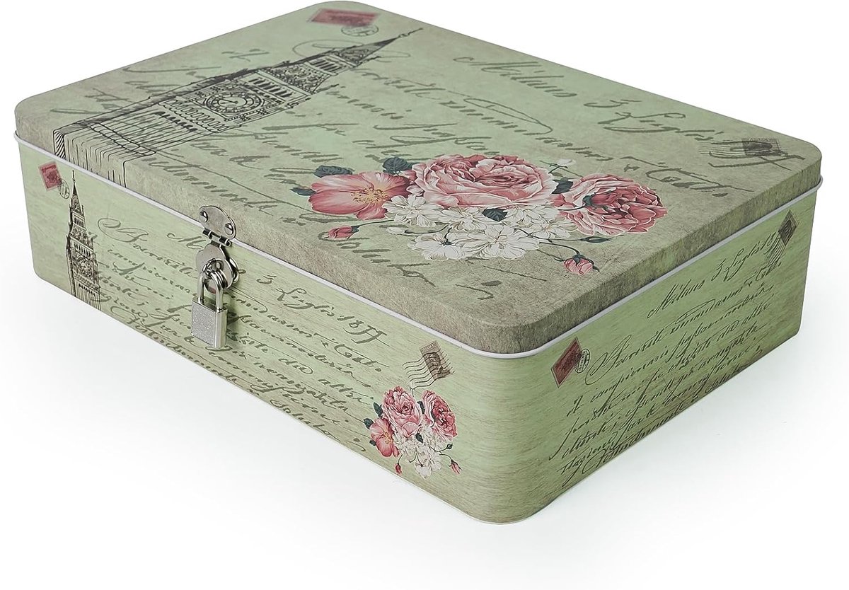 Metalen vintage opbergdoos voor medicijnen, fotokoekjes, organizer voor medicijnen, fotokoekjes, geheime geldcontainer, EHBO-doos met dekselslot, 31,5 x 22,4 x 8,6 cm (toren + bloem)