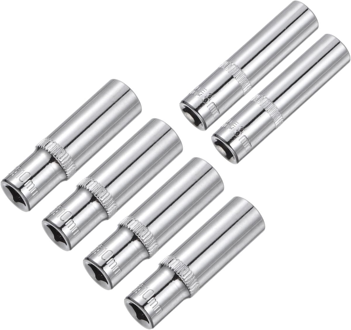 Set met 6-punts oppervlaktemondingen, 1/4 inch aandrijving, 2 x 8 mm diepe doppen en 4 x 10 mm diepe doppen van staal Cr-V metrisch voor doe-het-zelvers en automobielreparaties