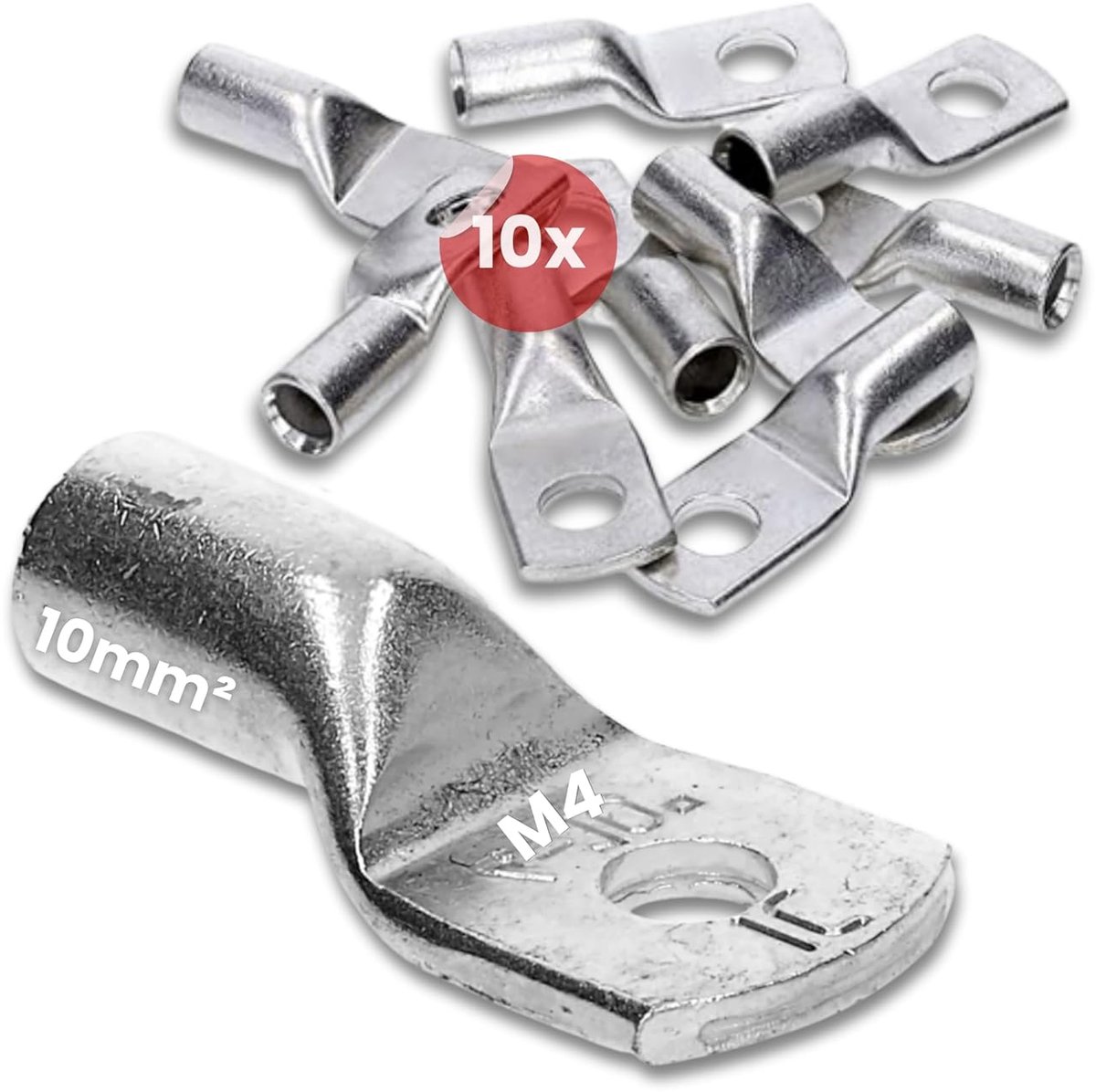 10x Buiskabelschoenen 10 mm² - M4 Krimpschoenen voor Accukabels | Vertinde koperen kabelkrimpconnector conform DIN EN 13600. Geschikt voor auto, zonne-energie en elektrische installaties.