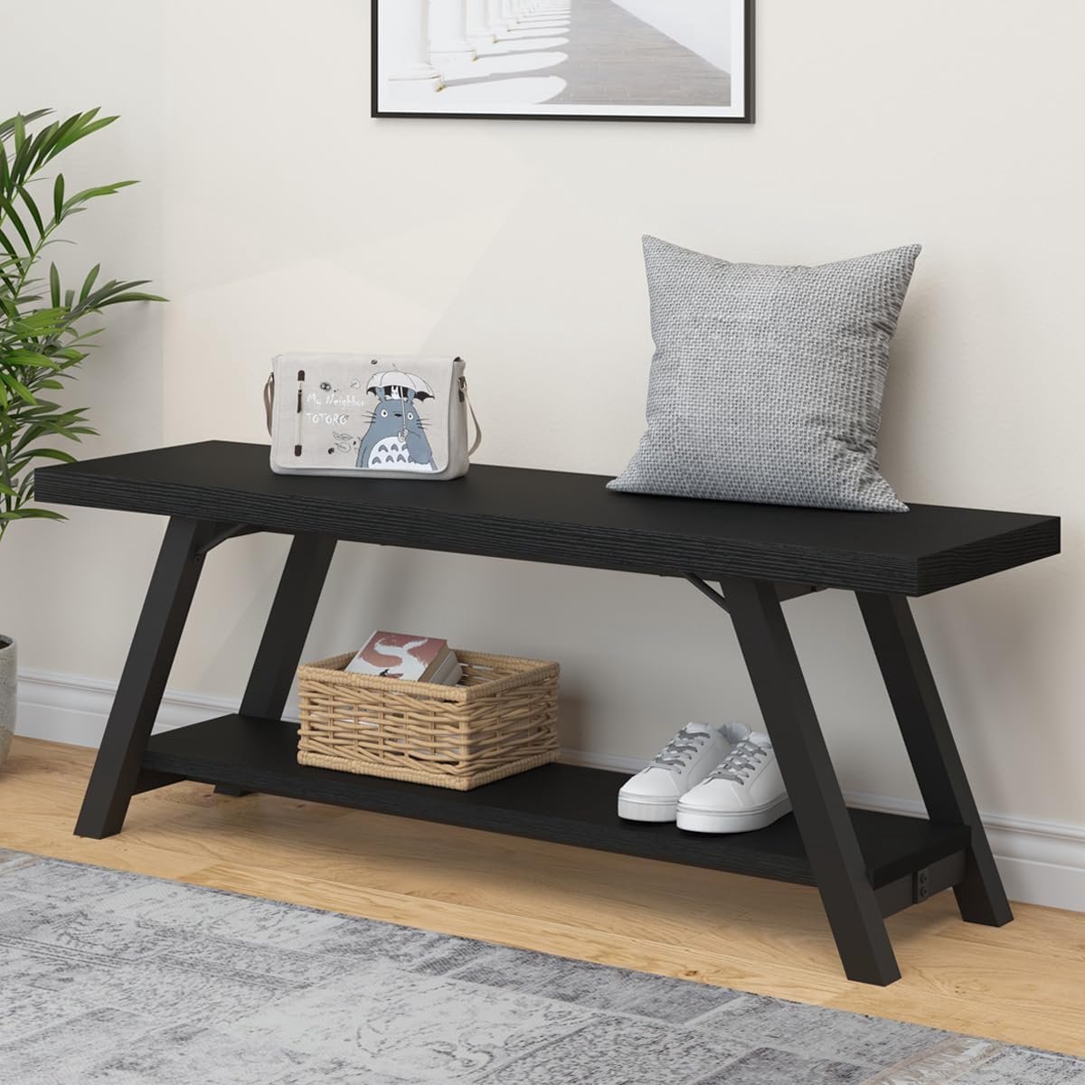 Zwarte bank, moderne opbergbank voor slaapkamer, houten metalen bank voor hal, eetkamer, woonkamer, boerderij, schoenenrek, binnen, accentzitbank voor hal, ingang, zwart, 120 cm