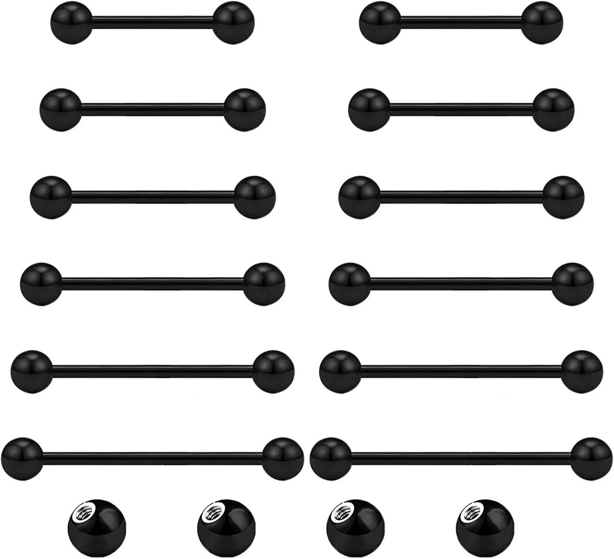8 stuks tongtepelstangen en 4 stuks vervangende ballen 14G roestvrij staal metalen rechte barbell piercing sieraden zilver zwart 8/10/12/14/16/18/20mm