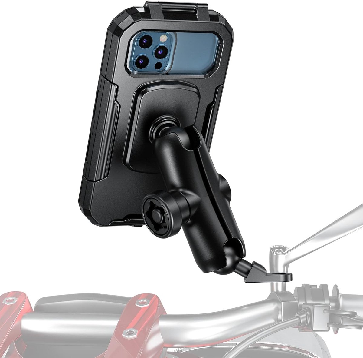 iMESTOU Waterdichte telefoonhouder voor motorfiets, 1 inch bal, telefoonhouder voor achteruitkijkspiegel, installatie met anti-diefstal, dubbele sokkel, arm, 720° rotatie, voor smartphones van 14 tot