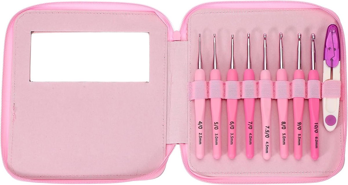 Haaknaalden set, 8 stuks haaknaalden set met schaar ergonomische breihaak kit naalden voor haak garen ambachtelijke handen beginnen doe-het-zelf benodigdheden, roze