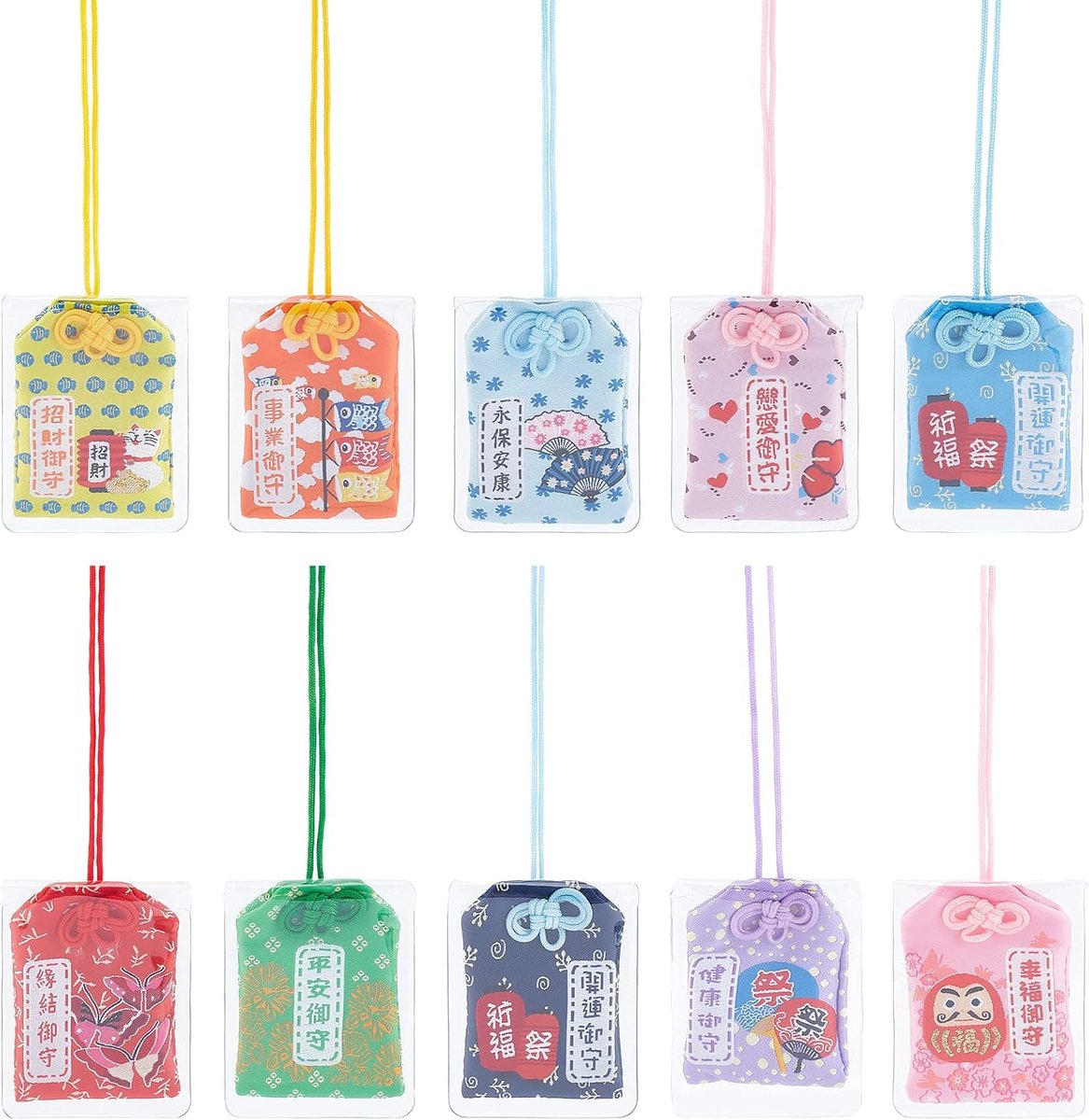 10 stuks Japanse Omamori Bedels Geluk Charms Opknoping Zakje Heiligdom Lucky Amulet voor Gezondheid Fortuin Liefde Veiligheid (Verschillende Kleuren)
