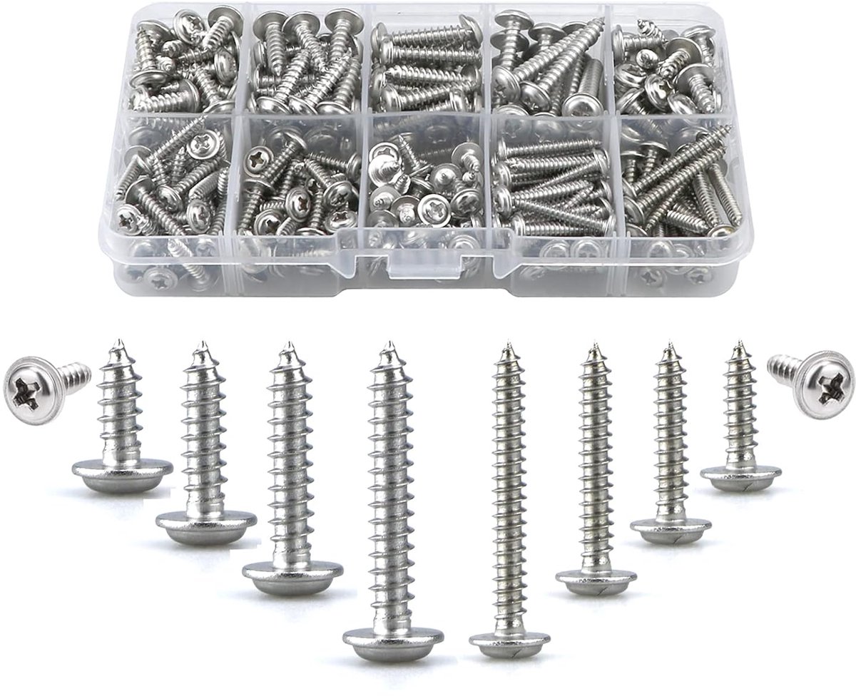 M4 zelftappende schroeven metaal met wasmachines, 280 pcs pan head roostvrij staal boren houtschroef assortimentkit, 10 types (8/10/12/16/20/25mm), ronde verzonken machine schroefbevestigingen