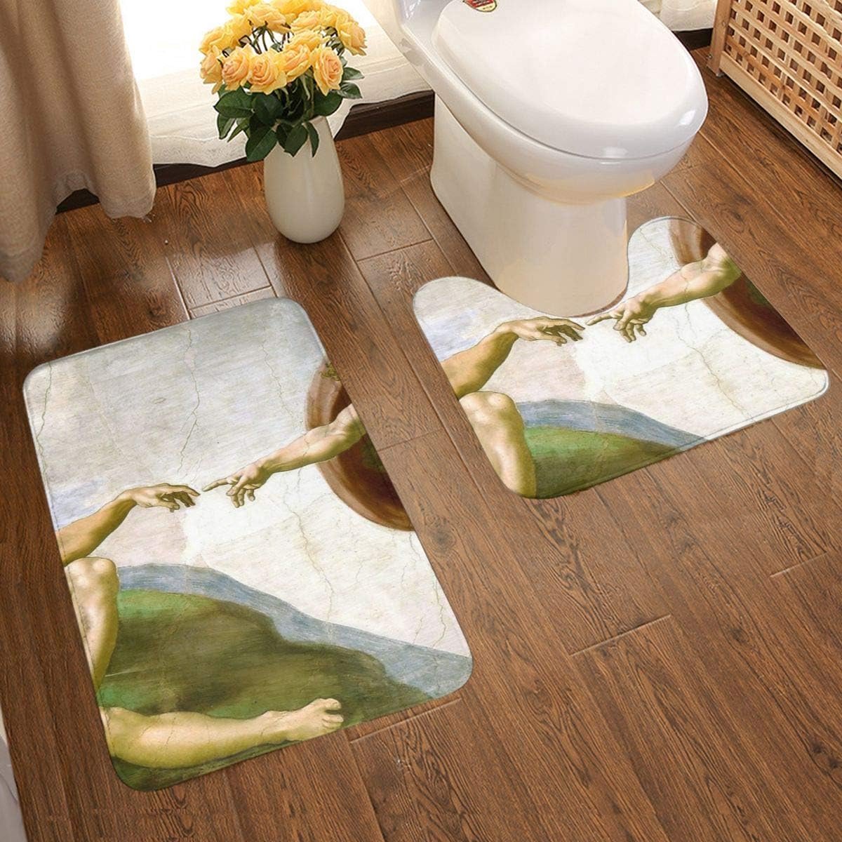 creatie van Adam Schilderij door Michelangelo Sixtijnse Kapel 2-delige zachte anti-slip badmat Kit, Textuur Fotografie Inclusief 80x50cm hoge Absorbency wc-bril en 50x40cm microvezel zachte pluizige badkamer tapijt, anti-slip mat wasbaar.