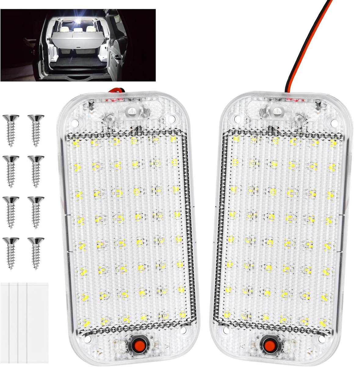 48 led-binnenverlichting auto, 2 stuks, superhelder, 800 lumen, 12 V, met schakelaar, 6000 K, wit licht, voor auto, camper, bus, caravan, boot, vierkant
