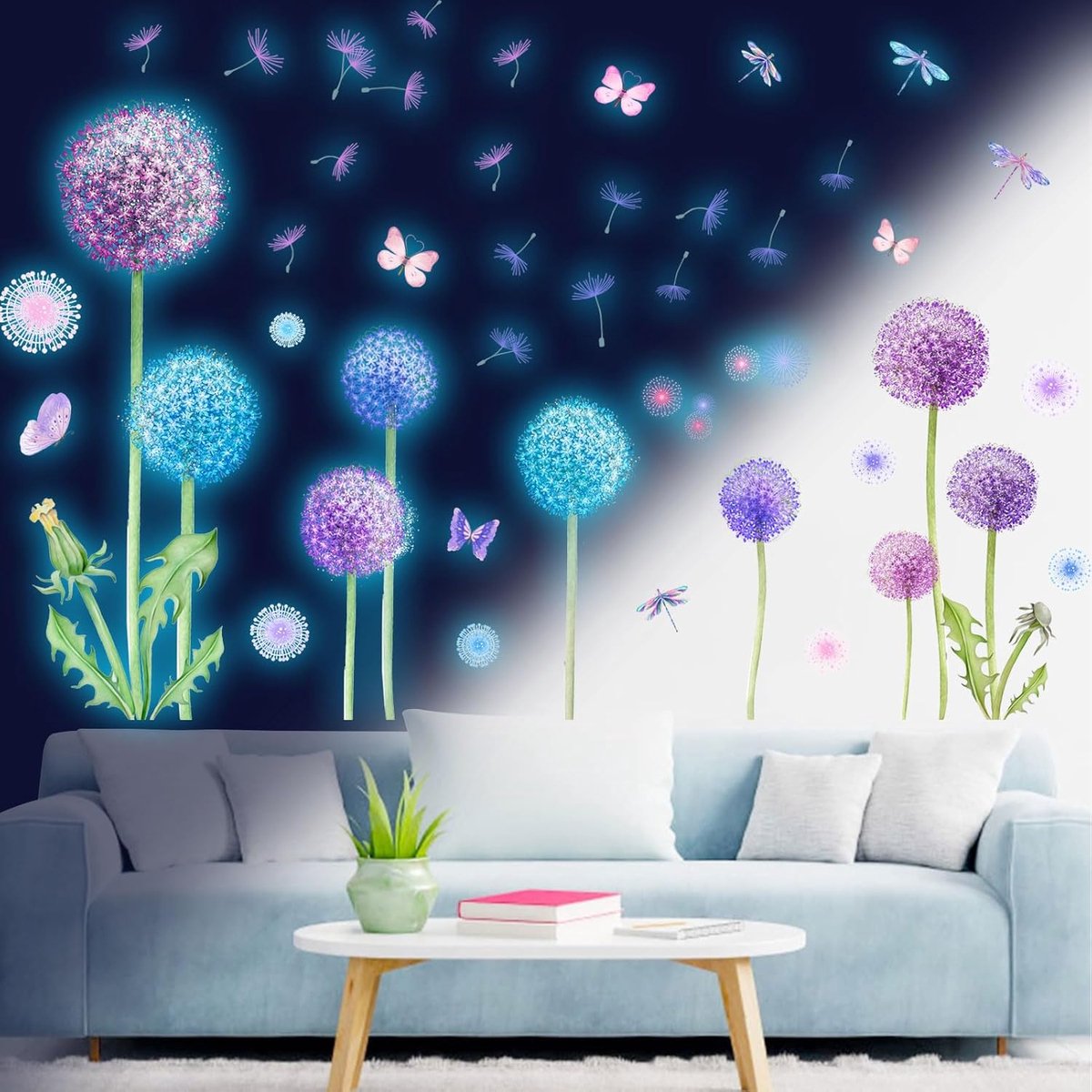 Muursticker, paardenbloem, lichtgevende sterren, paardenbloem, vlinder, planten, bloemen, veelkleurig, helder, voor kinderkamer, slaapkamer, wanddecoratie, blauw
