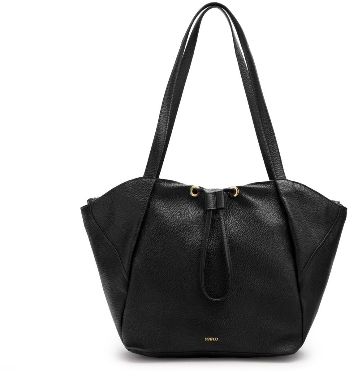 Manfield - Zwarte leren shopper met aantrekkoord