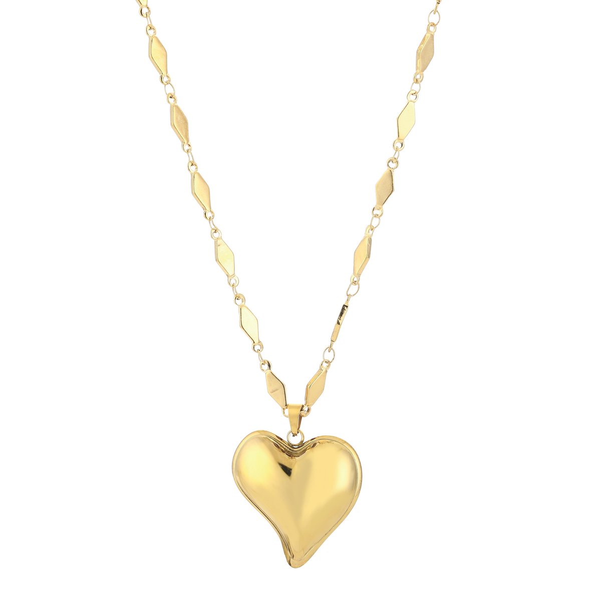XL Puffed Heart Pendant Long Fancy Link Chain Necklace – Lange Ketting met XL Hart – RVS - Goud